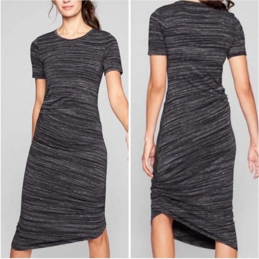 Athleta Downtown Gray Runched Asymmetrical Midi Dress